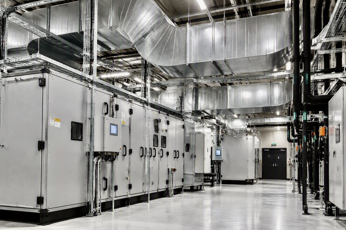 Mechanical plant room in a data centre, cooling and distribution equipment integrated with the building structure